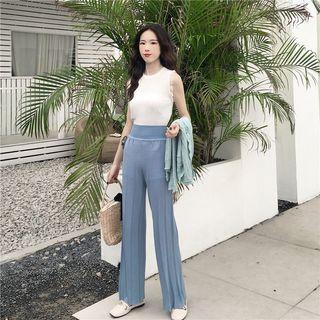 V-neck Camisole Top / Crew-neck Tank Top / Lace Trim Open Front Jacket / High Waist Wide-leg Pants