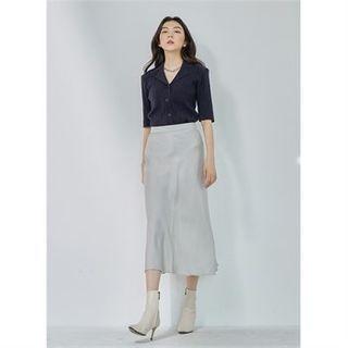 Short-sleeve Collared Rib-knit Cardigan