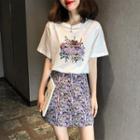 Set: Printed Elbow-sleeve T-shirt + Floral Print Mini Pencil Skirt