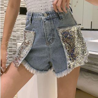 High-waist Sequin Denim Shorts