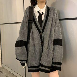 Contrast Lining Cardigan / Long-sleeve Tie-neck Shirt