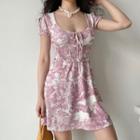 U-neck Print Puff-sleeve Lace-up Dress