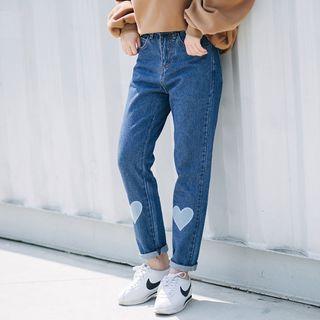 Heart Applique Straight-cut Jeans