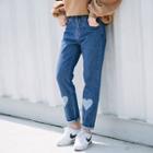 Heart Applique Straight-cut Jeans