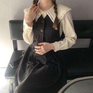 Collared Blouse / Midi A-line Overall Dress