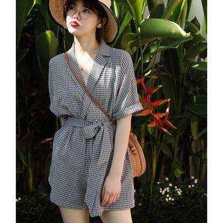 Elbow-sleeve Plaid Notch-lapel Playsuit
