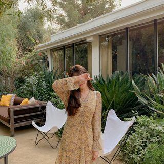 Tie-waist Bloom Chiffon Dress Yellow - One Size