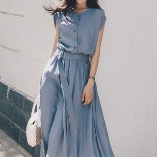 Short-sleeve Round Neck Plain Button-up Chiffon Midi Dress