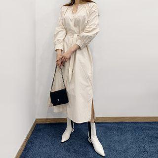 Round-neck Shirred Shirtdress With Sash
