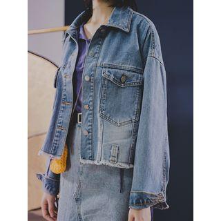 Loose-fit Frayed Denim Jacket Blue - One Size