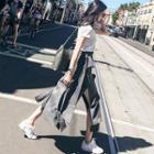 Set: Short Sleeve Plain T-shirt + Slit-side Maxi Wrapped Skirt