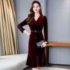 Long-sleeve Velvet Lace Trim A-line Dress