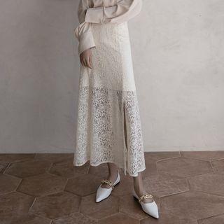 Deep-slit Flared Maxi Lace Skirt