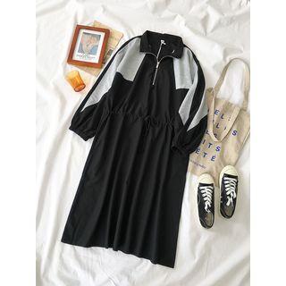 Long-sleeve Placket Midi Dress Black - One Size