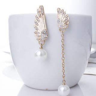 Asymmetric Faux Pearl Rhinestone Wing Drop Earring 1 Pair - Gold - One Size