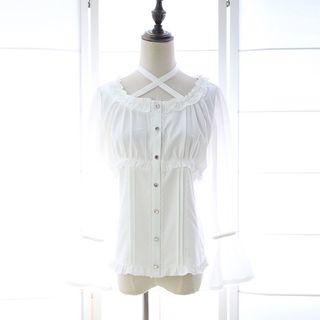 Lace Trim Cross Strap Front Long Sleeve Blouse