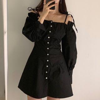 Tie-strap Lantern-sleeve Off-shoulder Plain Dress