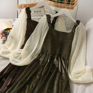 Chiffon-sleeve Smocked Velvet Midi Dress