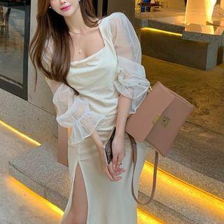 Elbow-sleeve Sheer Panel Midi Dress White - One Size