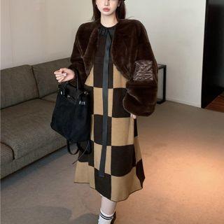 Fluffy Cropped Jacket / Checkerboard Midi A-line Dress
