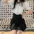 Short-sleeve Bow Blouse / Beaded Suspender Mini Skirt