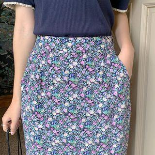 Slit-back H-line Floral Skirt Black - One Size