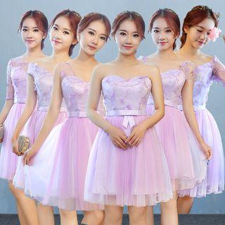 Flower Applique Strapless / Short Sleeve / Off Shoulder Bridesmaid Dress