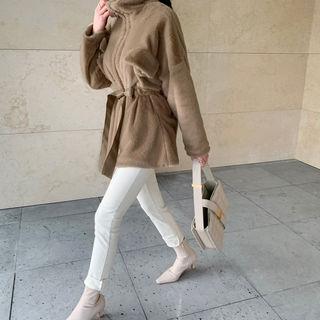 Beribboned Peplum Eco Fur Jacket