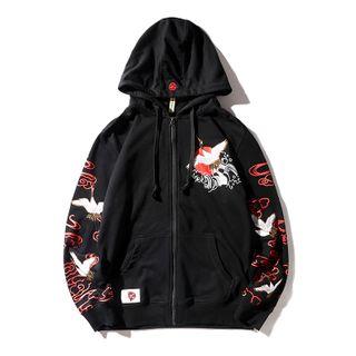 Crane Embroidered Hooded Zip Jacket