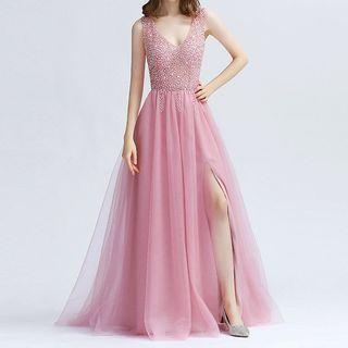 Embellished Sleeveless Slit A-line Mesh Evening Gown