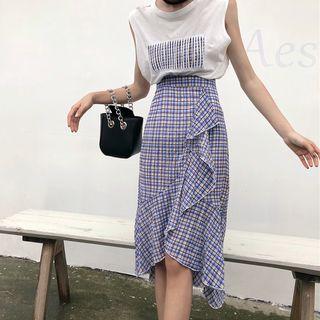 Cutout Sleeveless T-shirt / Plaid Mermaid Midi Skirt