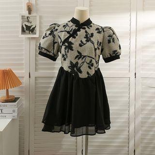 Puff-sleeve Printed Mini Qipao Dress