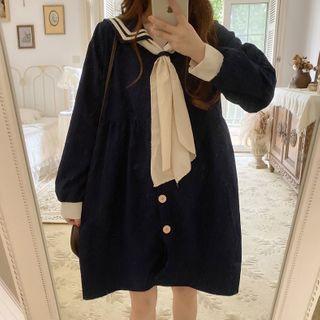 Long-sleeve Sailor-collar Mini Dress Blue - One Size