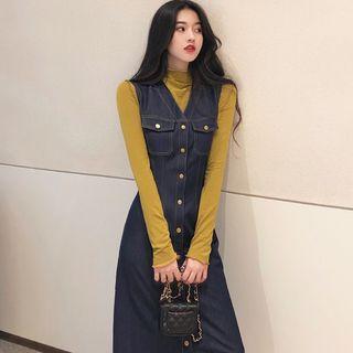 Plain Long-sleeve T-shirt / Midi Denim Pinafore Dress