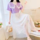 Lace Trim Collared Short-sleeve Blouse / Midi A-line Mesh Skirt / Set