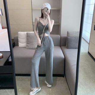 Set: Spaghetti Strap Drawcord Top + Sweatpants Set - Top - Gray - One Size / Sweatpants - Gray - One Size