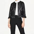Frill Trim Faux Leather Jacket