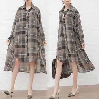 Long-sleeve Plaid Dip-back Shirtdress