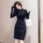 Mock-turtleneck Open-back Long-sleeve Mini Sheath Dress