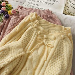 Pompom-accent Cable-knit Cropped Sweater