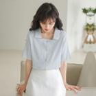 Elbow-sleeve Collared Square-neck Blouse