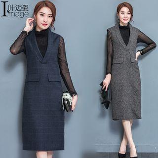 Set: Long-sleeve Mock-neck Top + Check Sleeveless Dress