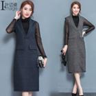 Set: Long-sleeve Mock-neck Top + Check Sleeveless Dress