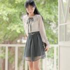 Set: Bell-sleeve Blouse + A-line Skirt