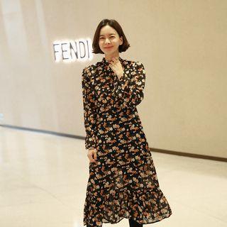 High-neck Floral Chiffon Long Dress