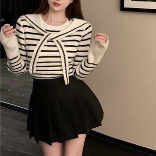 Striped Sweater / Shawl / Plain Mini A-line Skirt / Set