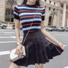 Set: Short-sleeve Striped Knit Top + High Waist Pleated Skirt