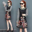 Floral Embroidered Bell-sleeve Crewneck Striped A-line Sheath Dress