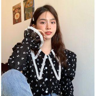 Bow Print Lace Trim Blouse