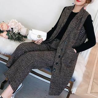 Set: Buttoned Long Vest + Wide-leg Pants
